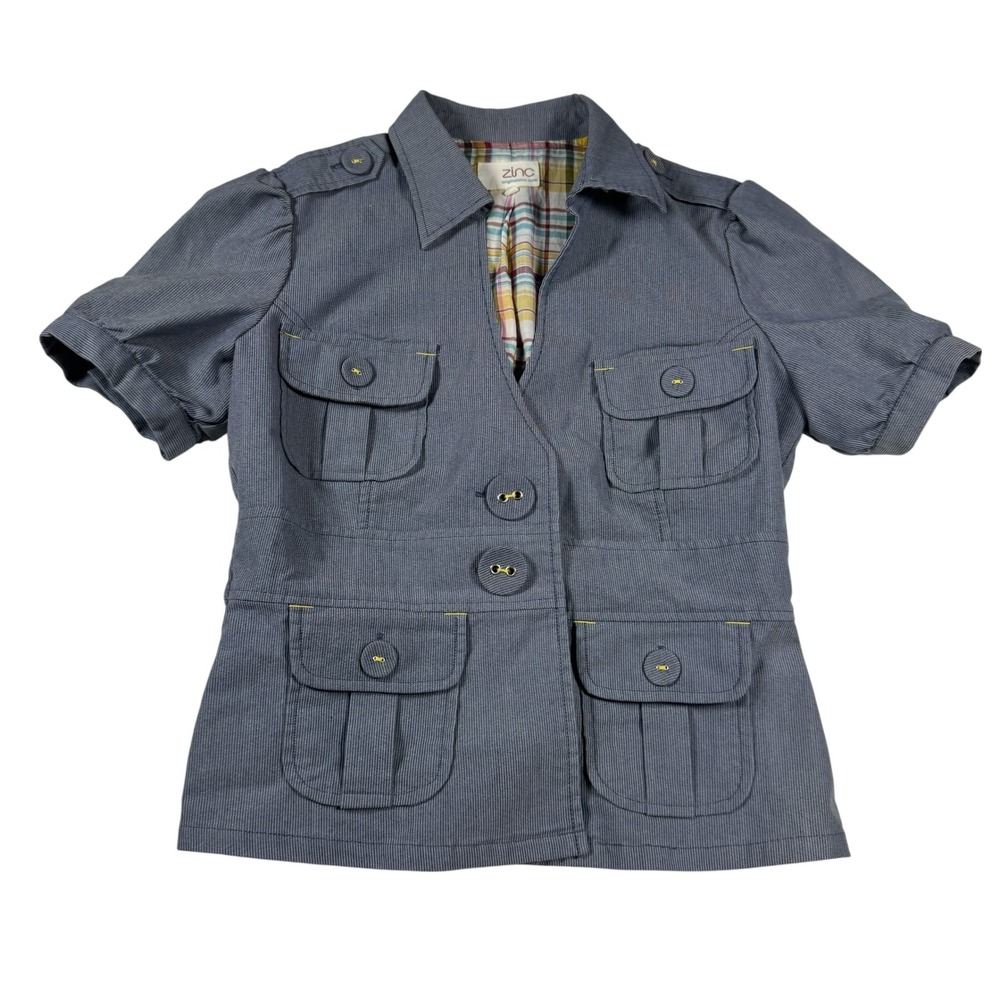 Zinc Womens Medium Blue Pinstripe Short Sleeve Utility Safari Cargo Jacket